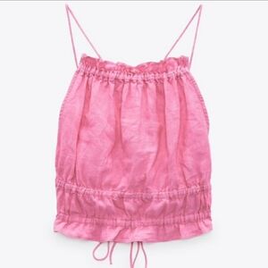 NWT Zara pink 100% linen crop top strappy beachy smocked ruffle XS